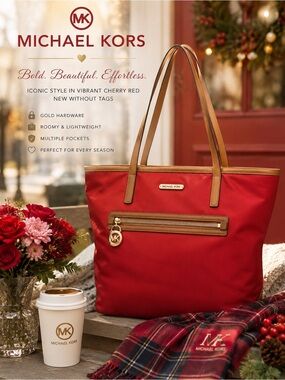 Michael Kors Kempton Vibrant Red Tote Shoulder Bag With Leather Trim‎ New